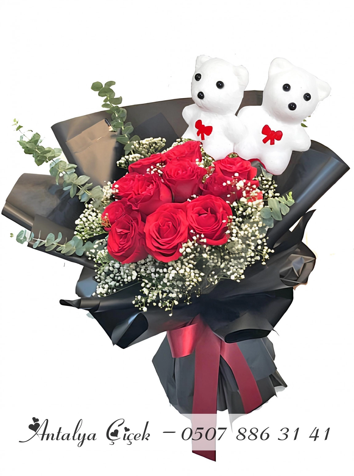 9 Kırmızı Gül Ve Sevimli Ayıcık Buketi